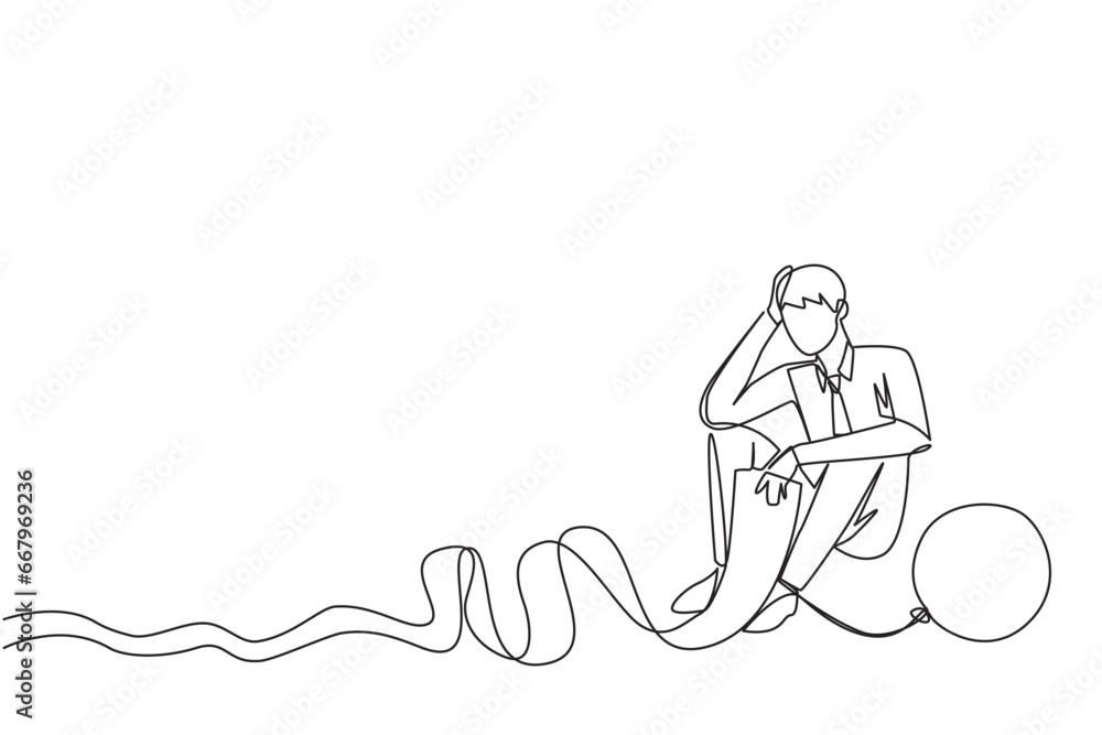 Single continuous line drawing businessman sits on the floor and feet are chained by a steel ball while holding a billing paper. Fooled by loan sharks. Collapsed. One line design vector illustration