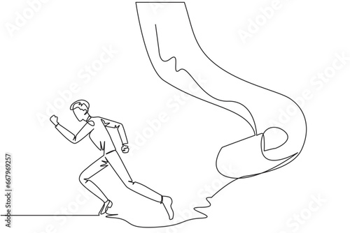 Continuous one line drawing of businessman running chased by pendulum paper rolls bills. Trying to run away from responsibility to pay off all the bills. Single line draw design vector illustration
