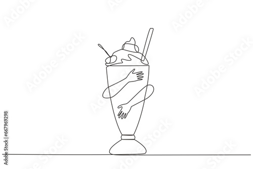 Single continuous line drawing human hands hugging milkshake. Drinks made from fresh milk or fresh liquid milk mixed with ice cream. Chocolate is favorite flavour. One line design vector illustration
