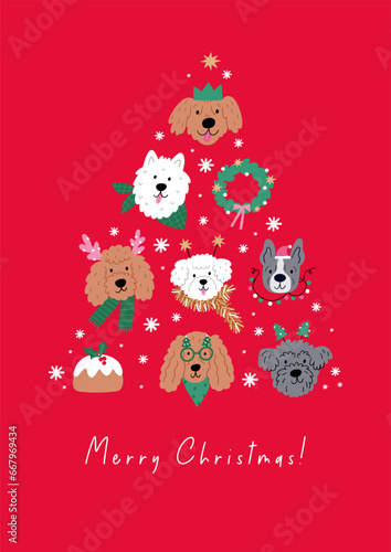 Cute cartoon Christmas dogs - vector prin in flat style. Holidays pet in Christmas hat. 