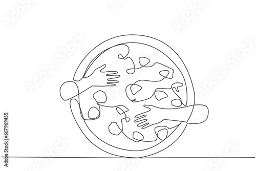 Continuous one line drawing of hands hugging pizza. Culinary from Italy which is now known throughout the world. Typical food in the form of circular flatbread. Single line design vector illustration