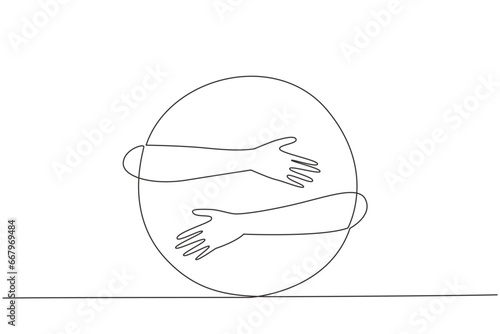 Single continuous line drawing of human hands hugging circle. Passion in creating innovative logo. Shape that can be developed based on the basic circular pattern. One line design vector illustration