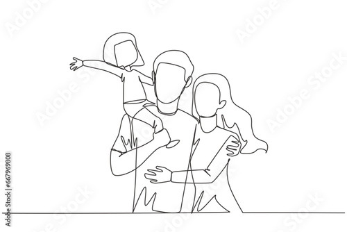 Continuous one line drawing of young woman hug her handsome husband who is holding their cute daughter. Smiling couple with child. Happy family concept. Single line draw design vector illustration