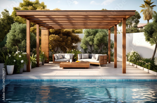 3d rendering of a terrace in the middle of a modern home with wooden deck and large pool © Kien