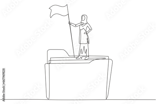 Single continuous line drawing of Arabian businesswoman standing on giant folder icon raising flag. Arranged business plan, keep records, practice. Be a champion. One line design vector illustration