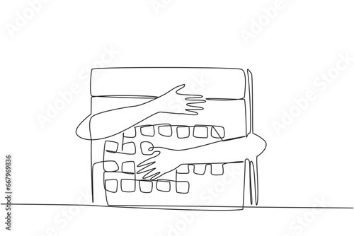 Single continuous line drawing of hands hugging desk calendar. A planned business is a must have to start a new business. Regarding time management, plans must also be made every day. One line vector