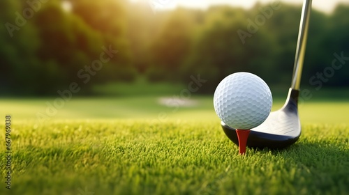 Golf ball on tee and golf club with fairway green background. Sport and athletic concept.