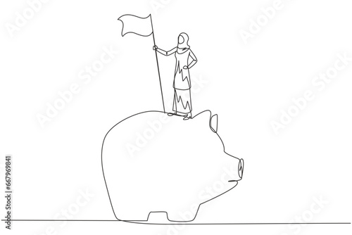 Continuous one line drawing of Arabian businesswoman standing on big piggy bank holding flag. Making investments during the corona pandemic to keep business survive. Single line draw design vector