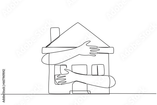 Continuous one line drawing of hands hugging miniature house. Concept of making house as collateral if the business fails. Keep paying mortgage so that house not foreclosed. Single line draw vector