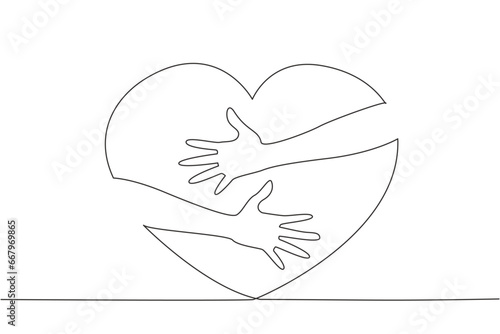 Single one line drawing of hands hugging big red heart. Hands holding heart. Symbol of charity. Generosity illustration. Care for others. Sharing concept. Continuous line design graphic illustration