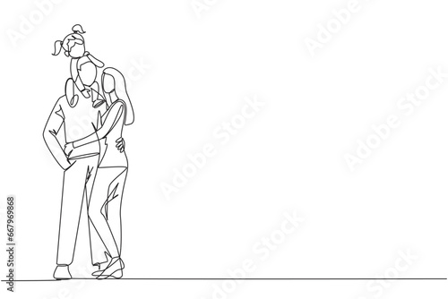 Single continuous line drawing of young woman hug her handsome husband who is holding their cute daughter on shoulders hug. Smiling couple with child. Happy family relations. One line design vector