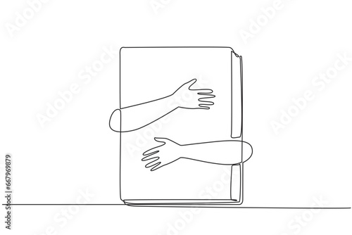 Continuous one line drawing of hands hugging book. Reading books can explore a new world about business. The more books to read, the more knowledge to get. Single line draw design vector illustration