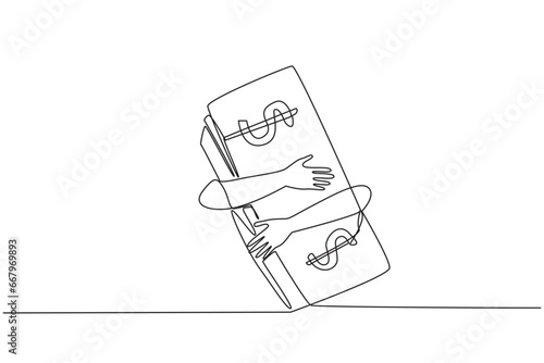 Single continuous line drawing of hands hugging banknote. Smart business will not betray results. The more effort, the more will get. Future investment with banknote. One line vector illustration