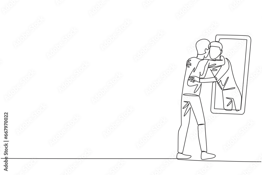 Single continuous line drawing of young happy trendy man stand in front of mirror. His reflection get out of mirror and hug each other. Caring. Self love concept. One line design vector illustration