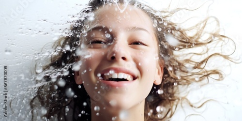 Beautiful happy young girl in fresh shower on white background Generative AI