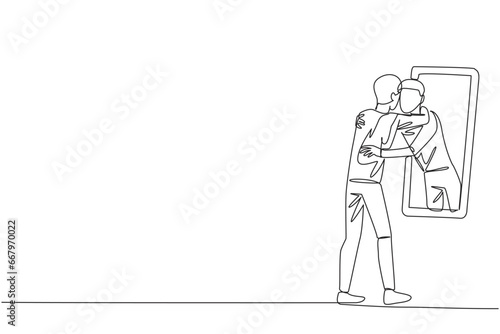 Single continuous line drawing of young happy trendy man stand in front of mirror. His reflection get out of mirror and hug each other. Caring. Self love concept. One line design vector illustration