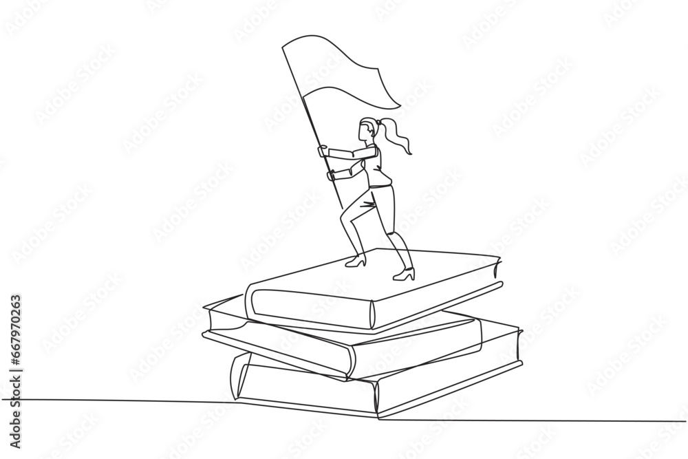 Single one line drawing of businesswoman standing on stacks of giant books raising flag. Reading improves her skills in business world to become a successful entrepreneur. Continuous line design Single one line drawing of businesswoman standing on stacks of giant books raising flag. Reading improves her skills in business world to become a successful entrepreneur. Continuous line design