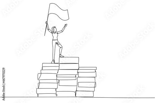 Single one line drawing of businesswoman standing on piles of paper document raising flag. Create business plan with lots of data. Winner even though there is a lot of work. Continuous line design