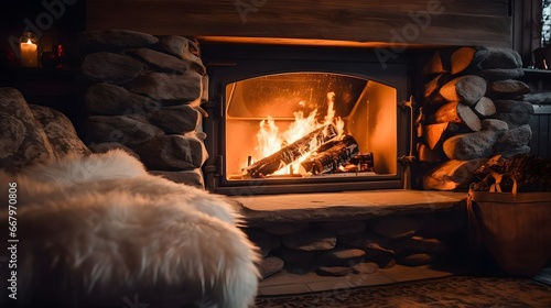 Warm cozy fireplace with real wood burning in it. Cozy winter concept. photo