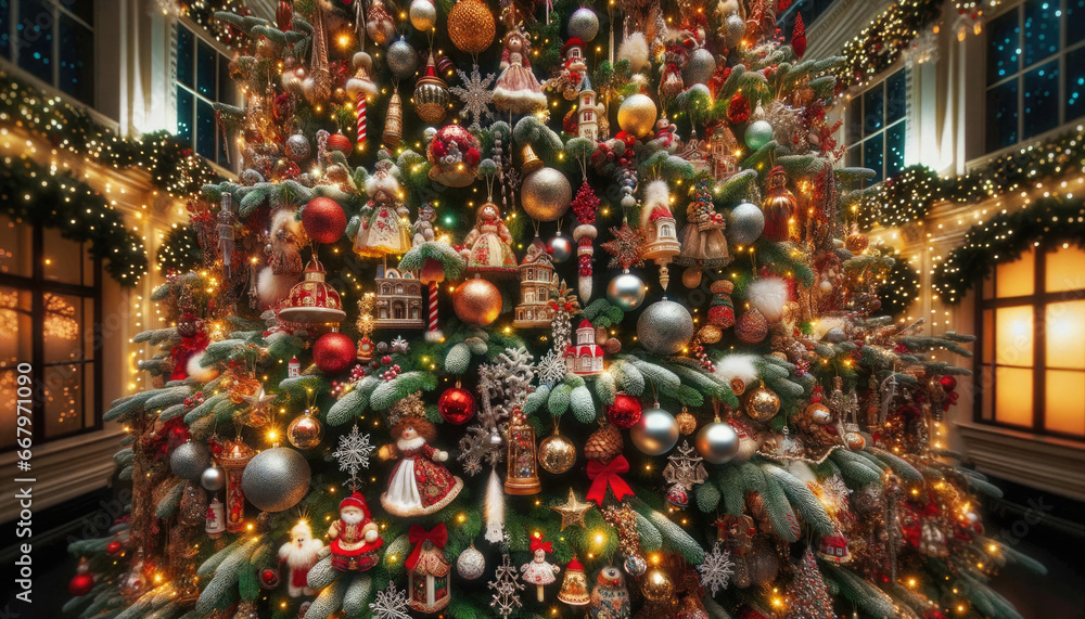 Naklejka premium Christmas tree decorated with red and green baubles and garlands. Generative ai.