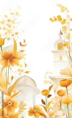 a wallpaper with a church and flowers. photo