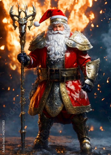 Santa Claus in armour with a large sorcerer's staff with a fire in the night background