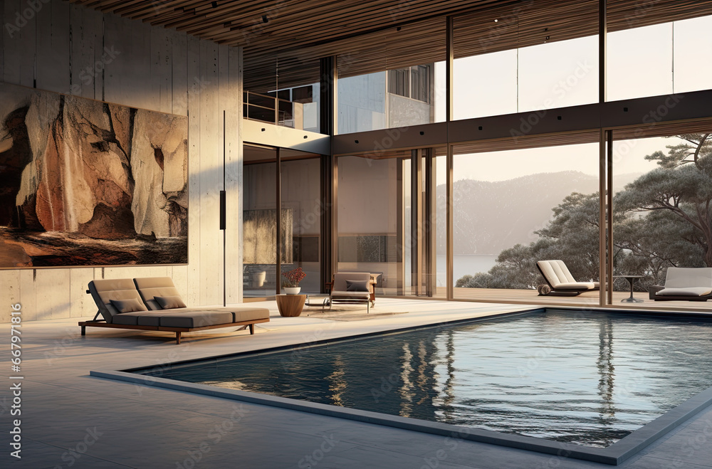 interior of a large modern house with an outdoor pool and deck design ...