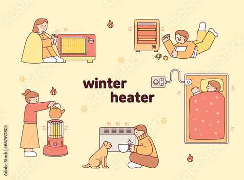 Collection of winter and people using heaters.
