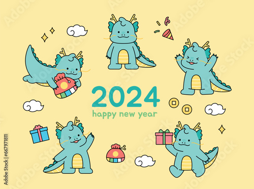 Fototapeta Naklejka Na Ścianę i Meble -  Cute baby blue dragon characters. 2024 New Year greetings.
