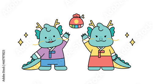 Cute baby blue dragon character. A blue dragon couple wearing traditional Korean costumes is greeting them.