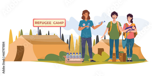 A group of volunteers and refugees stands united in front of a refugee camp, ready to offer aid and support.