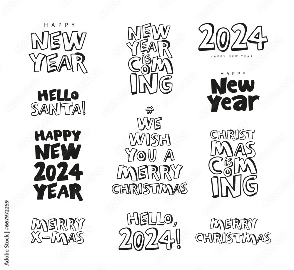Set of stylish New Year's inscriptions drawn by hand with a marker. Lettering. New Year greeting card. Comic font.