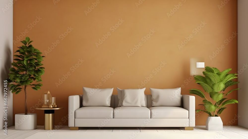 Living room interior wall mockup in warm tones with sofa on empty wall background.