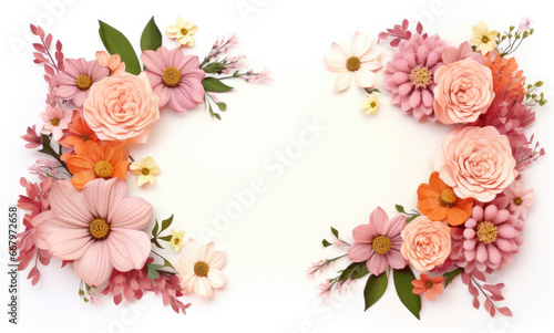 photo frame with cut flowers, leaves, branches, and greens,