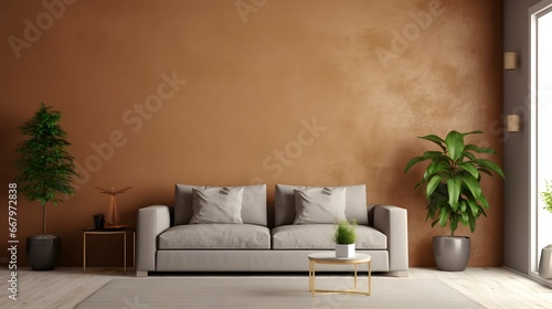 Living room interior wall mockup in warm tones with sofa on empty wall background.