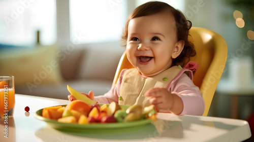 A cute child with a food allergy to various foods is sitting at a table in front of a variety of foods. photo