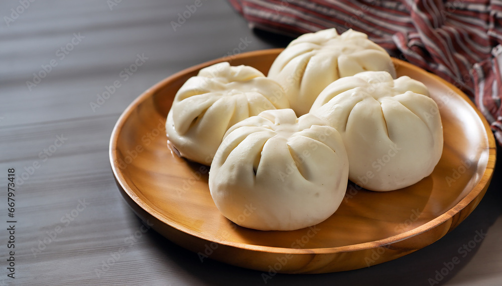 Chinese steamed meat bun is ready to eat on serving plate and steamer, close up, copy space product design concept. Generative Ai