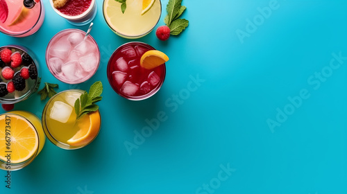 Tropical fruit cocktails with ice. Glasses with drinks with berries and rosemary on a blue background, top view.