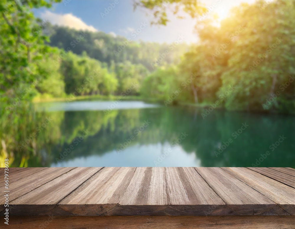 The empty wooden table top with blur background of summer lakes green forest. High quality photo The empty wooden table top with blur background of summer lakes green forest. High quality photo