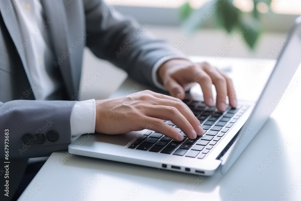Man In A Business Suit Behind A Laptop Created Using Artificial Intelligence Man In A Business Suit Behind A Laptop Created Using Artificial Intelligence