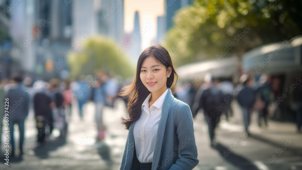 Asian woman walking in the city center. Generative Ai Asian woman walking in the city center. Generative Ai