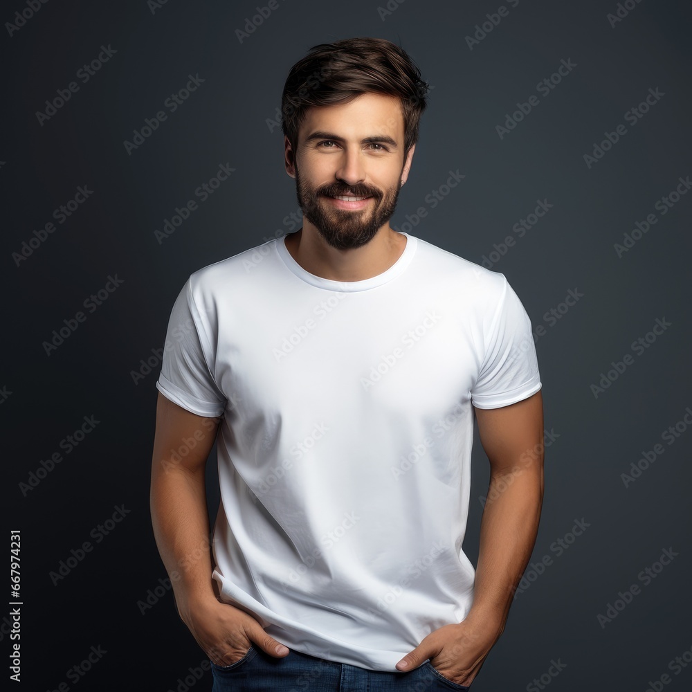 Fototapeta premium a handsome man wearing a plain white t-shirt against a minimal dark background
