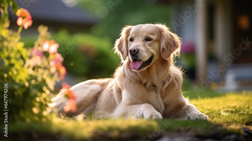 a cute dog in a garden with a beautifully composed portrait