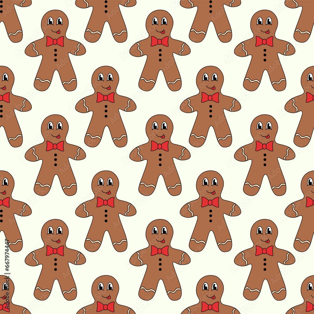 Retro 70s 60s 80s Hippie Groovy Christmas Winter Pattern with Gingerbread Cookie Man. Vector flat illustration. Retro 70s 60s 80s Hippie Groovy Christmas Winter Pattern with Gingerbread Cookie Man. Vector flat illustration.