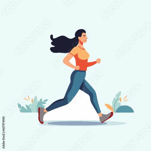 Woman jogging with flowing black hair. Wears orange top and blue jeans. Steps past small plants on light blue background.