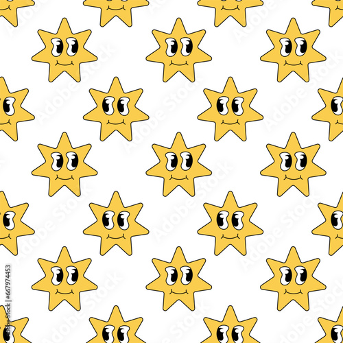 Retro 70s 60s 80s Hippie Seamless Pattern with Groovy Star. Smiling Character. Vector flat background.