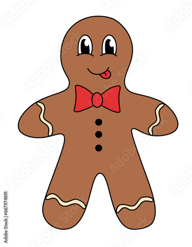 Retro 70s 60s 80s Hippie Groovy Christmas Gingerbread Cookie Man Character snow tongue. Vector flat illustration.