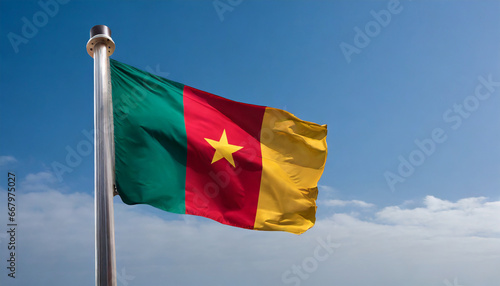 Close up view of an Cameroon flag waving on a flagpole, with blue sky background and copy space