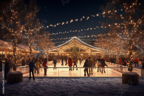 Winter christmas market with ice skating and christmas pine trees © Artofinnovation