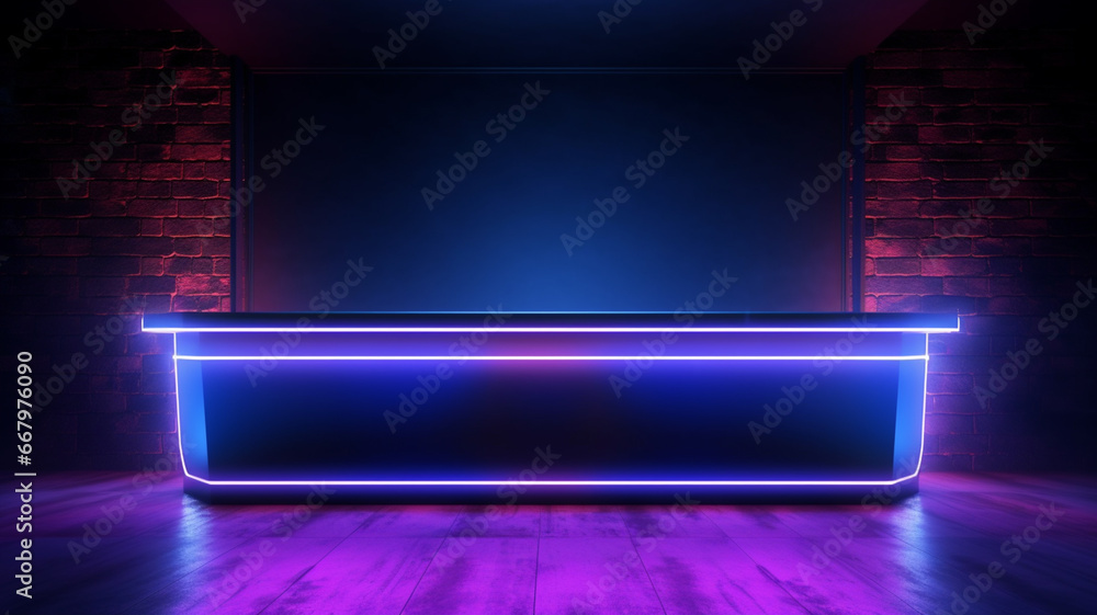 Futuristic neon check in desk or reception for pool bar, lounge, high class club or entertainment venue Futuristic neon check in desk or reception for pool bar, lounge, high class club or entertainment venue